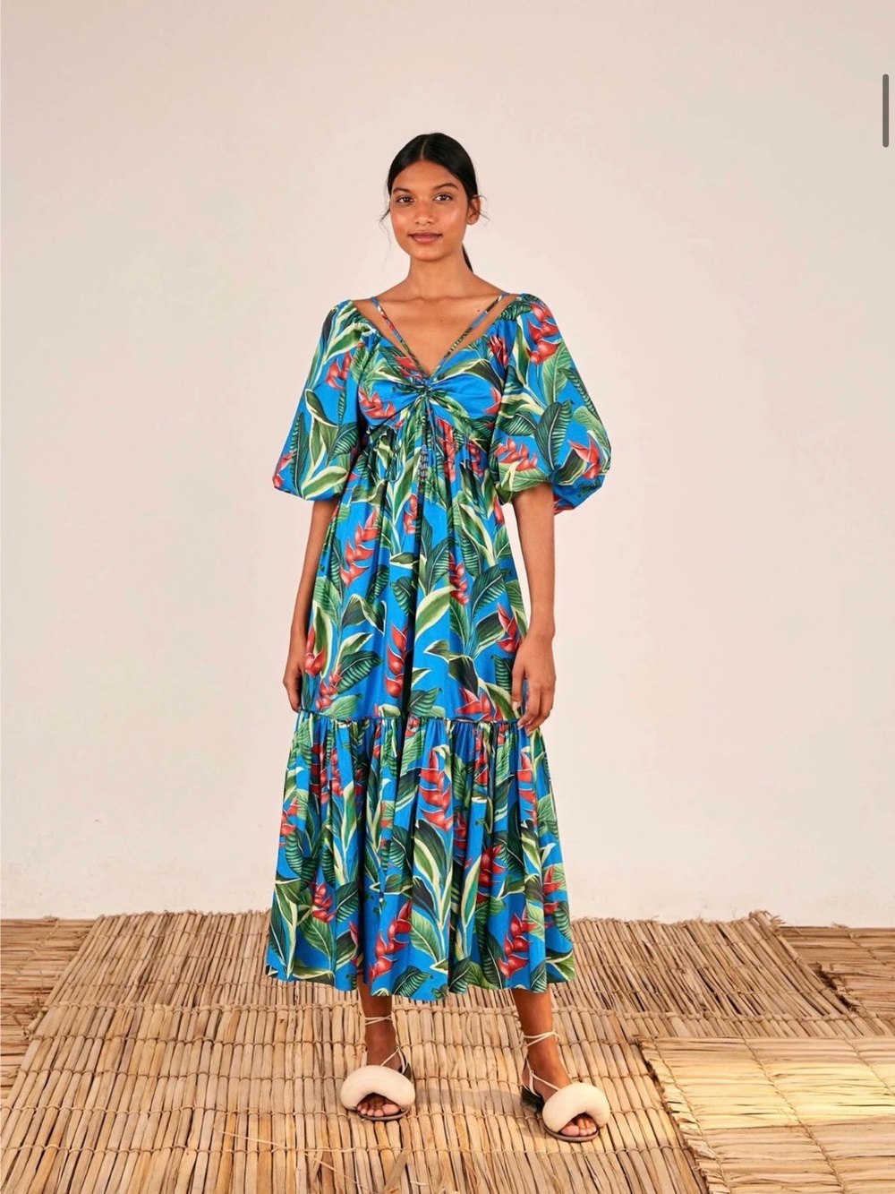 FARM Rio Dream Garden Blue Maxi Dress with Red Floral & Green Leaf Print